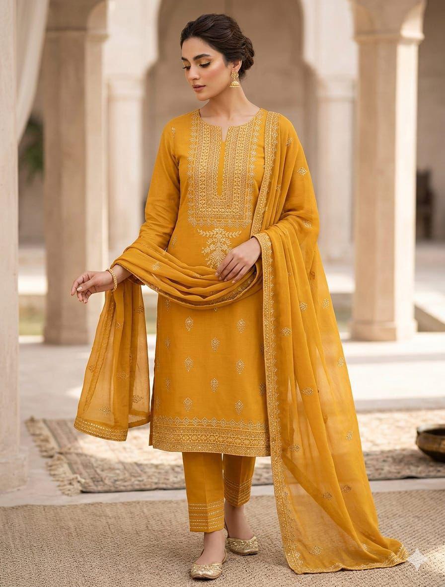 Maroon Lawn Cotton Embroidered Sequence Luxury Unstitched 3pc Maroon (Deep Wine) Black Mustard (Dark Yellow/Ochre) Red (Bright Crimson) Plum (Dark Magenta/Burgundy) Teal Green (Deep Sea Green) - Image 6