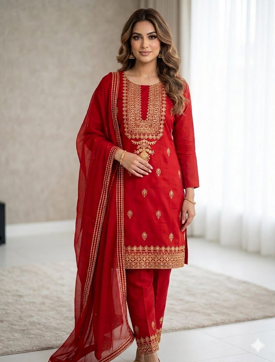Maroon Lawn Cotton Embroidered Sequence Luxury Unstitched 3pc Maroon (Deep Wine) Black Mustard (Dark Yellow/Ochre) Red (Bright Crimson) Plum (Dark Magenta/Burgundy) Teal Green (Deep Sea Green) - Image 7