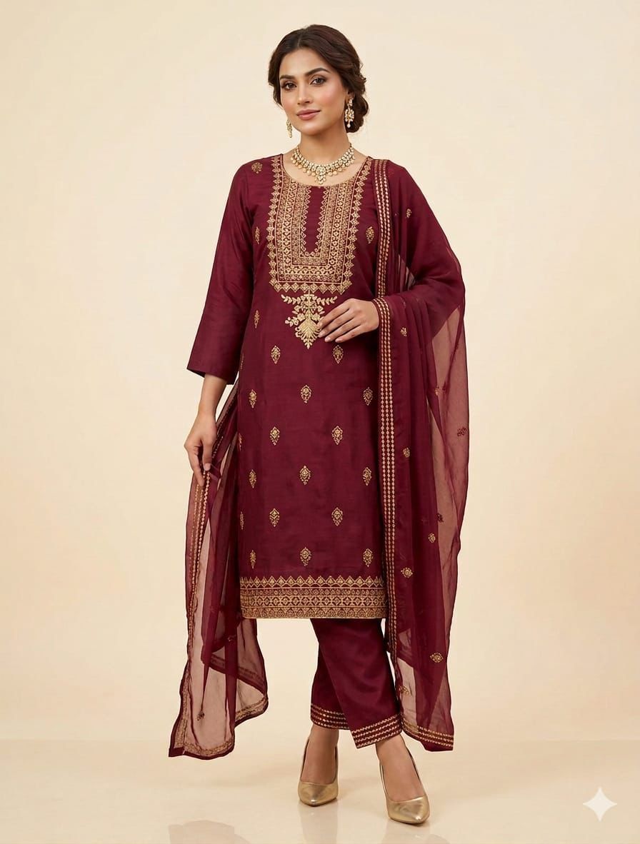 Maroon Lawn Cotton Embroidered Sequence Luxury Unstitched 3pc Maroon (Deep Wine) Black Mustard (Dark Yellow/Ochre) Red (Bright Crimson) Plum (Dark Magenta/Burgundy) Teal Green (Deep Sea Green) - Image 8