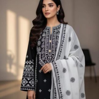 Elegant Black Lawn Cotton 3-Piece Unstitched Suit with Intricate White Embroidery - Discover unparalleled elegance with this 
