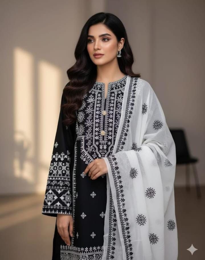 Elegant Black Lawn Cotton 3-Piece Unstitched Suit with Intricate White Embroidery - Discover unparalleled elegance with this