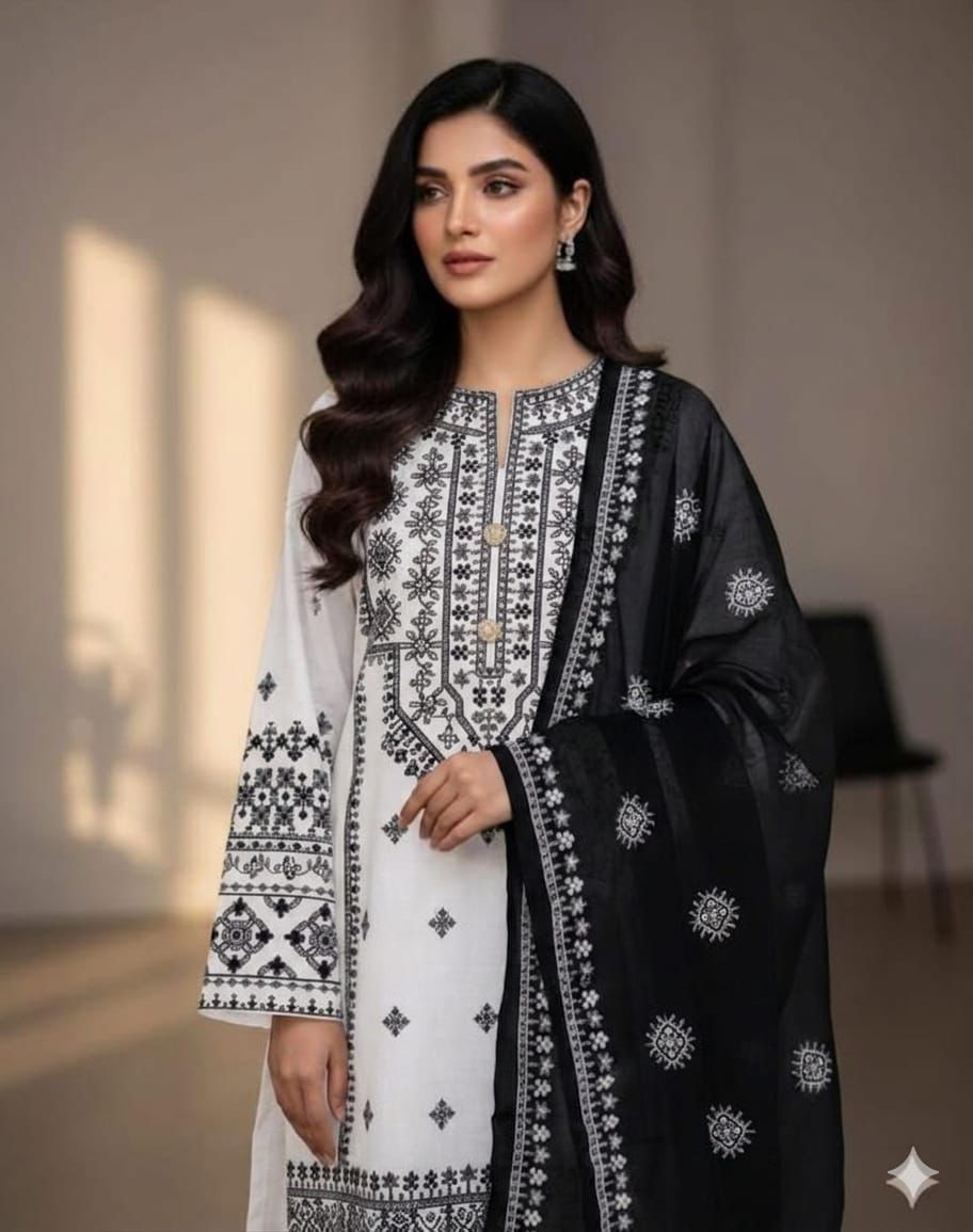 Elegant Black Lawn Cotton 3-Piece Unstitched Suit with Intricate White Embroidery - Image 2