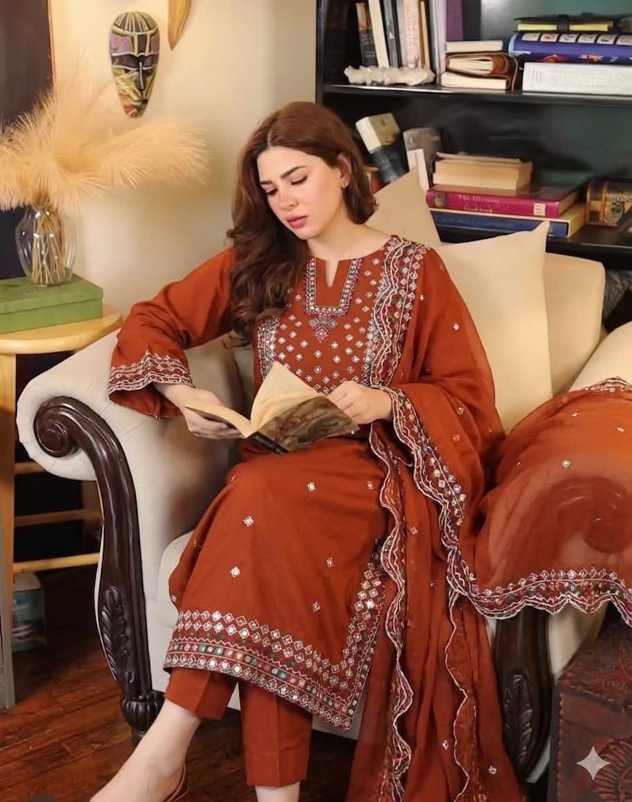 Jazmin Style Lawn Cotton 3pc Unstitched Suit with Sequence & Multi Thread Embroidery - Image 2