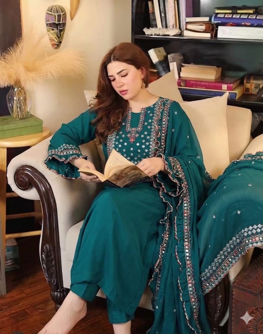 Jazmin Style Lawn Cotton 3pc Unstitched Suit with Sequence & Multi Thread Embroidery - Image 4