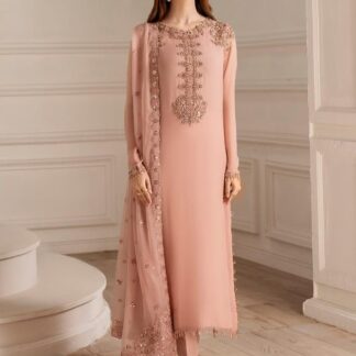IZNAK Luxury Peach Chiffon Festive Dress 2025 – Exquisite Embroidered 3-Piece Suit
