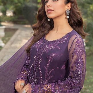 MARIA B Luxury Collection Purple Embroidered Chiffon Dress | Elegant Formal Wear