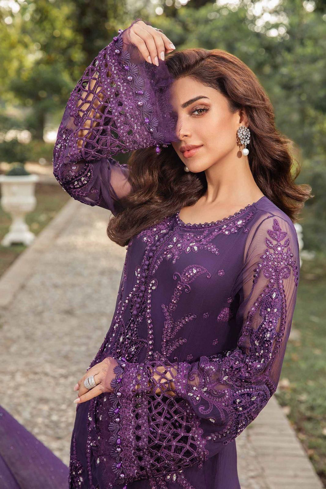 MARIA B Luxury Collection Purple Embroidered Chiffon Dress | Elegant Formal Wear - Image 2