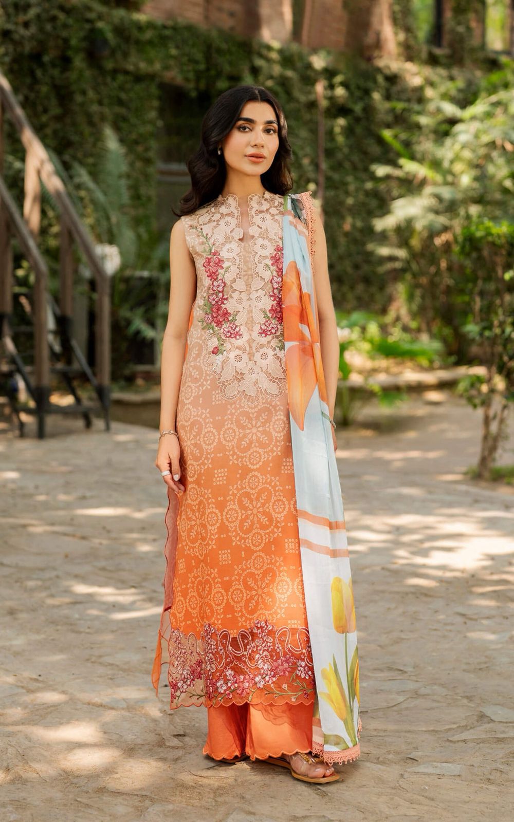 Asifa & Nabil MSSL-02 Orange Embroidered Lawn Suit with Chiffon Dupatta