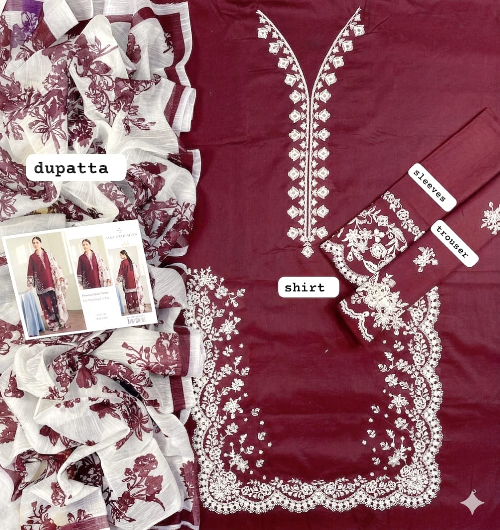 Zara Shajaha Embroidered Lawn Unstitched 3 Piece Suit - Premium Collection - Image 3