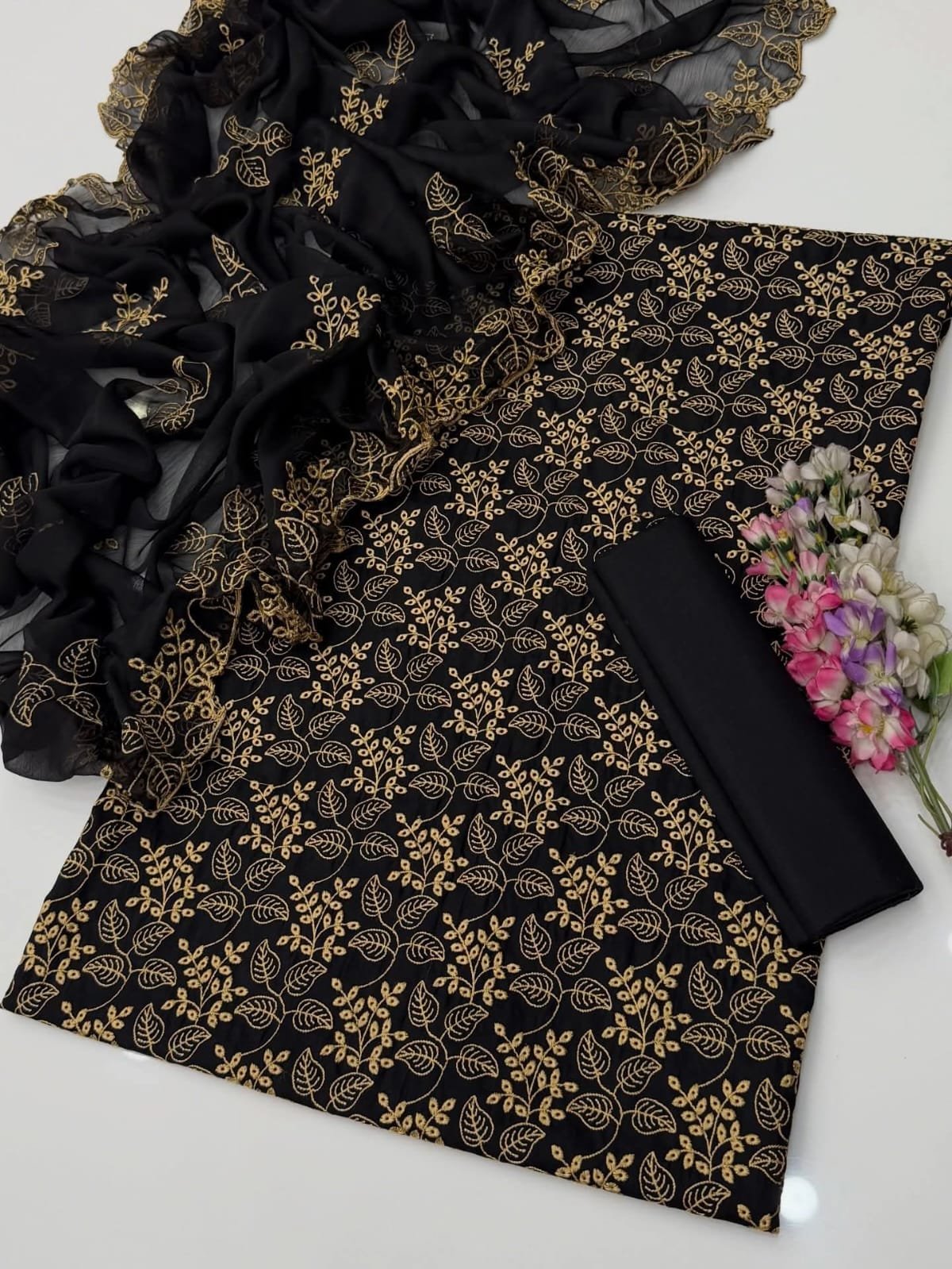 Black Chikankari Embroidered Lawn Unstitched 3pc Suit | Luxury Ethnic Wear - Image 3