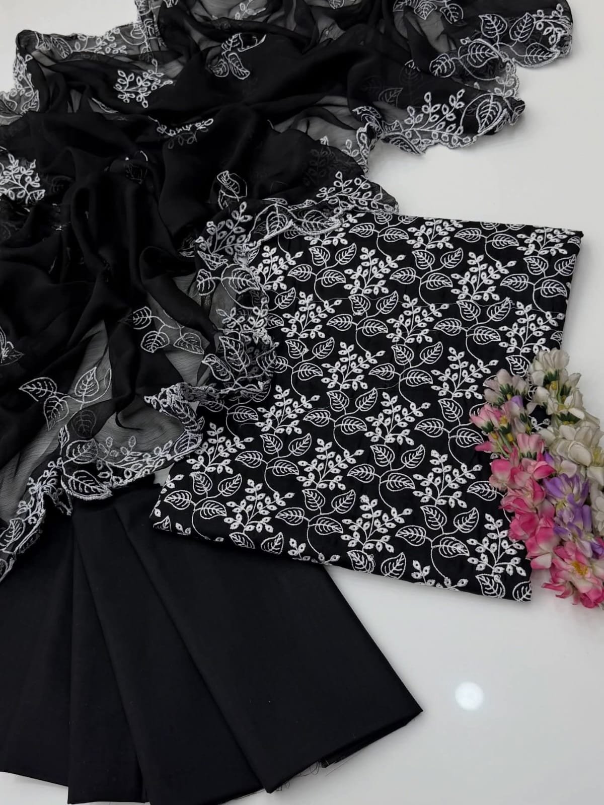 Black Chikankari Embroidered Lawn Unstitched 3pc Suit | Luxury Ethnic Wear - Image 4