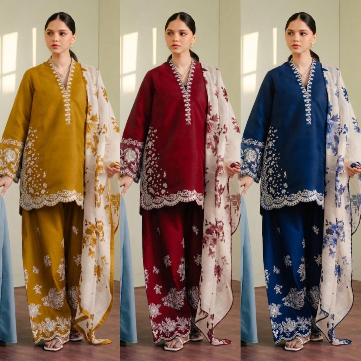 Zara Modishan Luxury Embroidered Cotton Suit with Digital Organza Dupatta