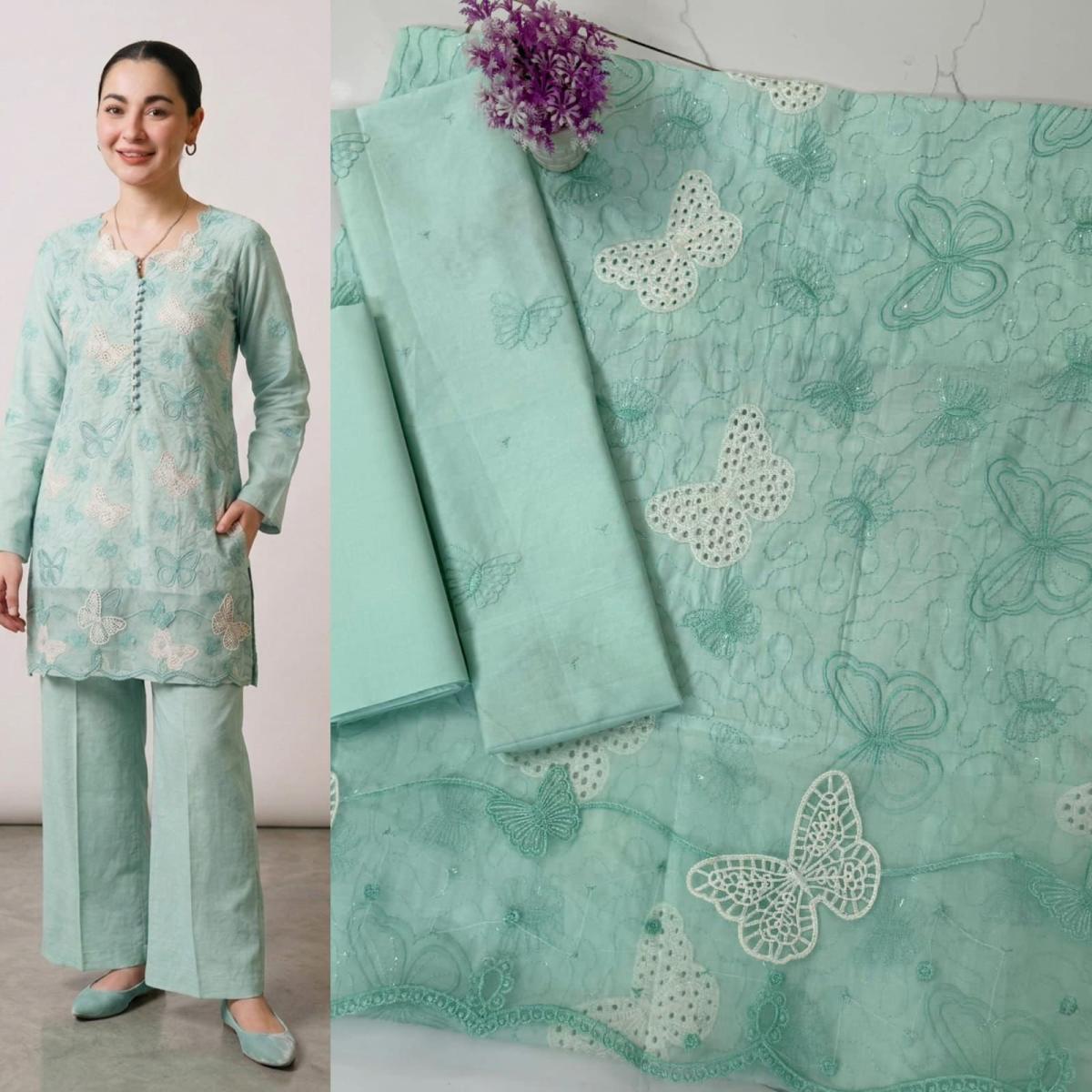 Premium Embroidered Cotton Chikankari Butterfly Suit - Image 4