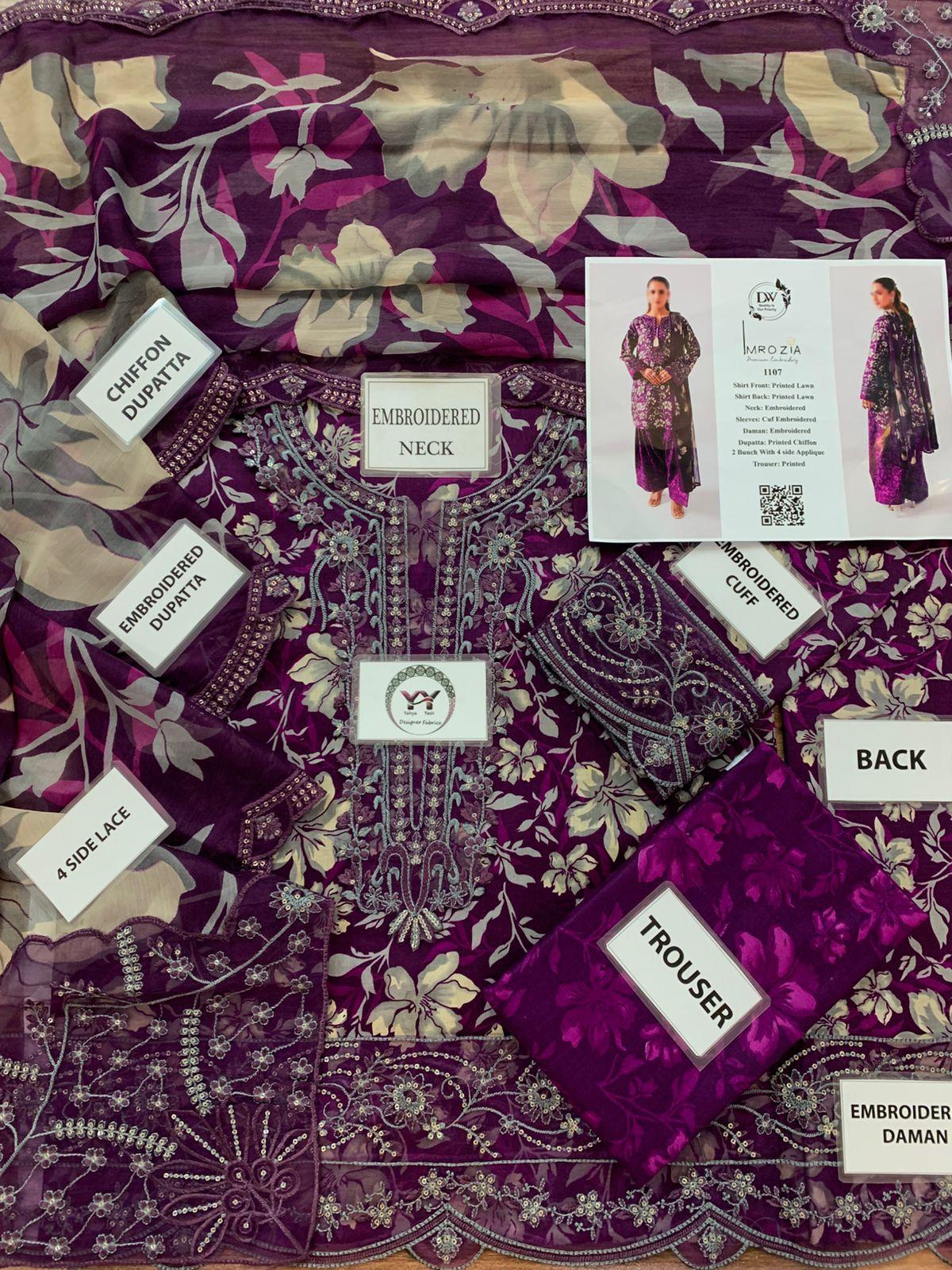 Imrozia Premium Embroidered Printed Lawn Suit with Chiffon Dupatta - Image 4