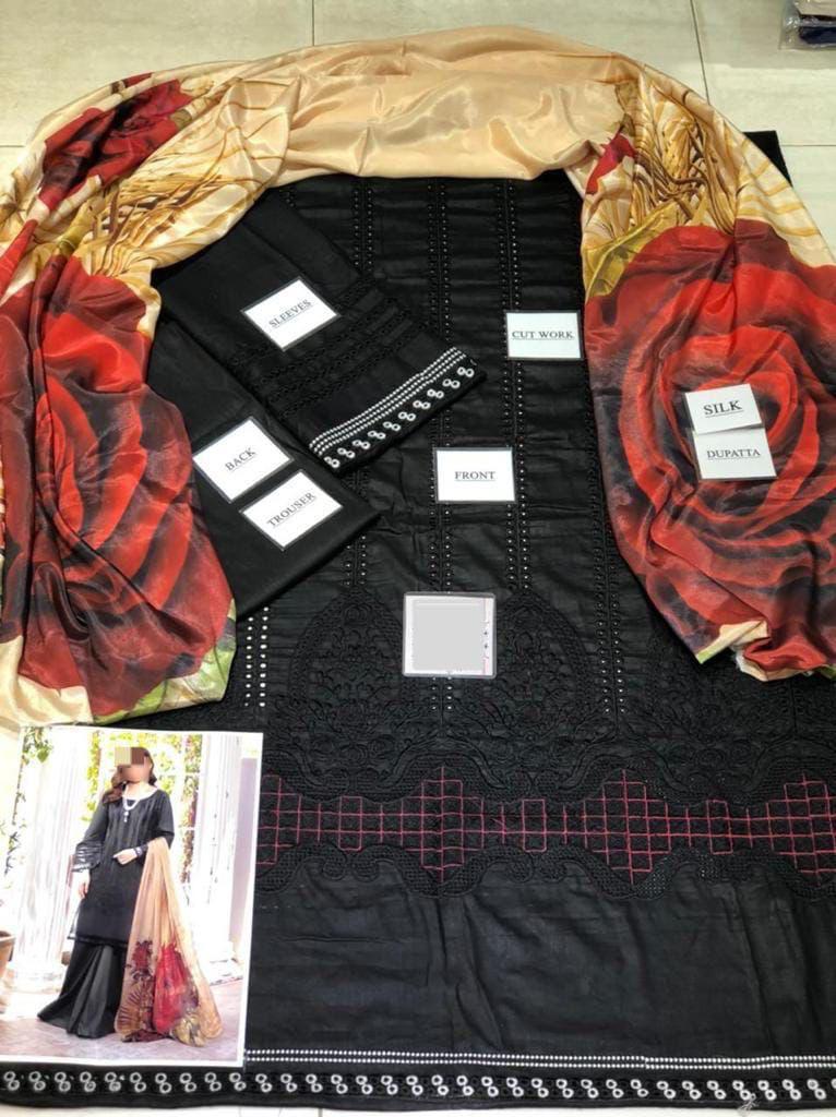 Premium Embroidered Cotton Suit with Digital Silk Dupatta - Image 5