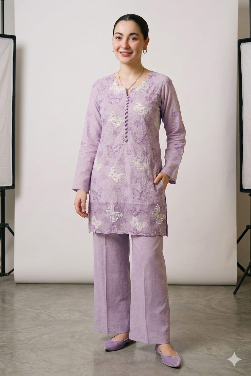 Premium Embroidered Cotton Chikankari Butterfly Suit - Image 2