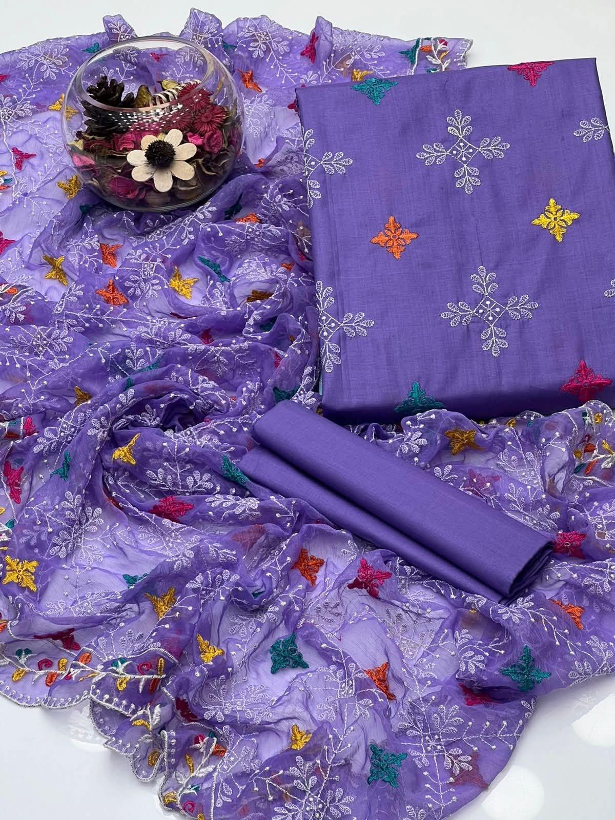 Premium Embroidered Cotton Suit with Multi-Colored Patchwork Organza Dupatta - Image 7