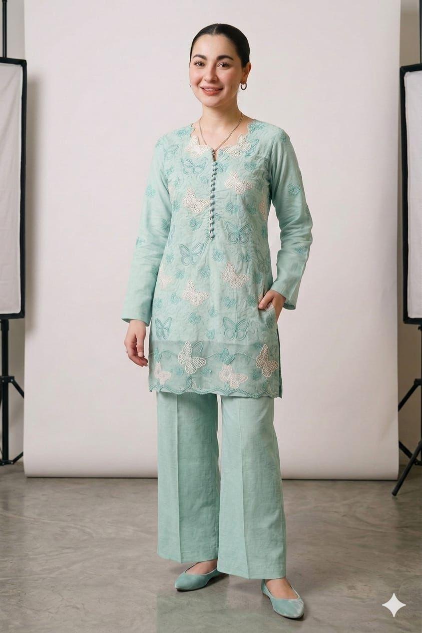 Premium Embroidered Cotton Chikankari Butterfly Suit - Image 3