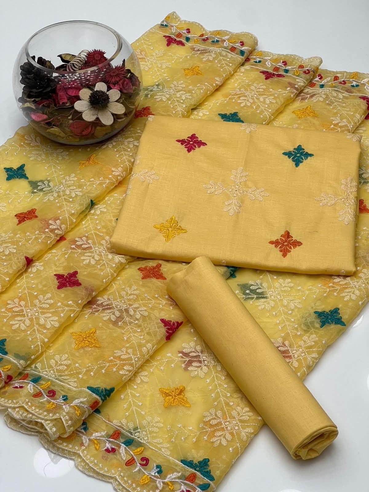 Premium Embroidered Cotton Suit with Multi-Colored Patchwork Organza Dupatta - Image 8