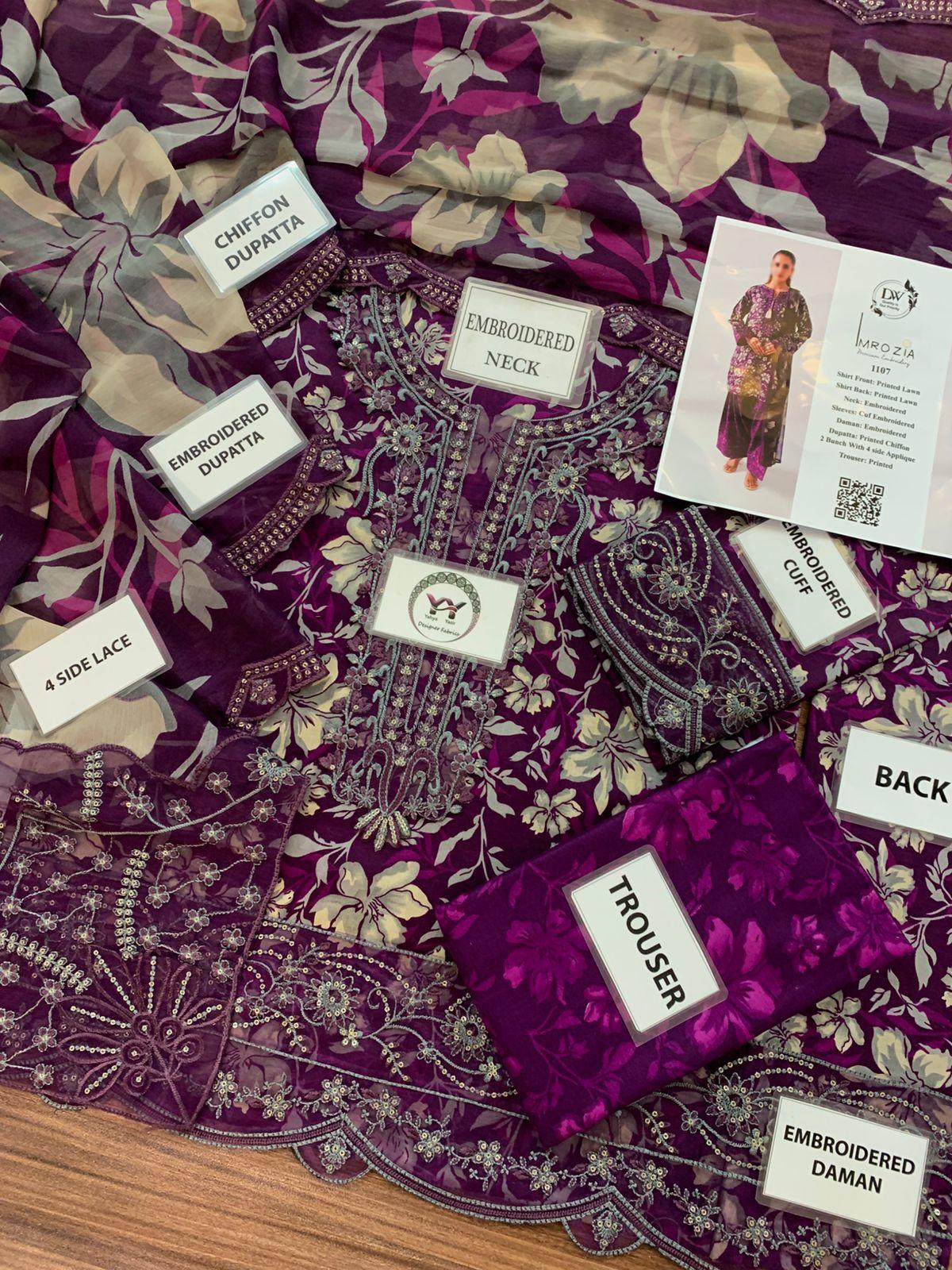 Imrozia Premium Embroidered Printed Lawn Suit with Chiffon Dupatta - Image 2