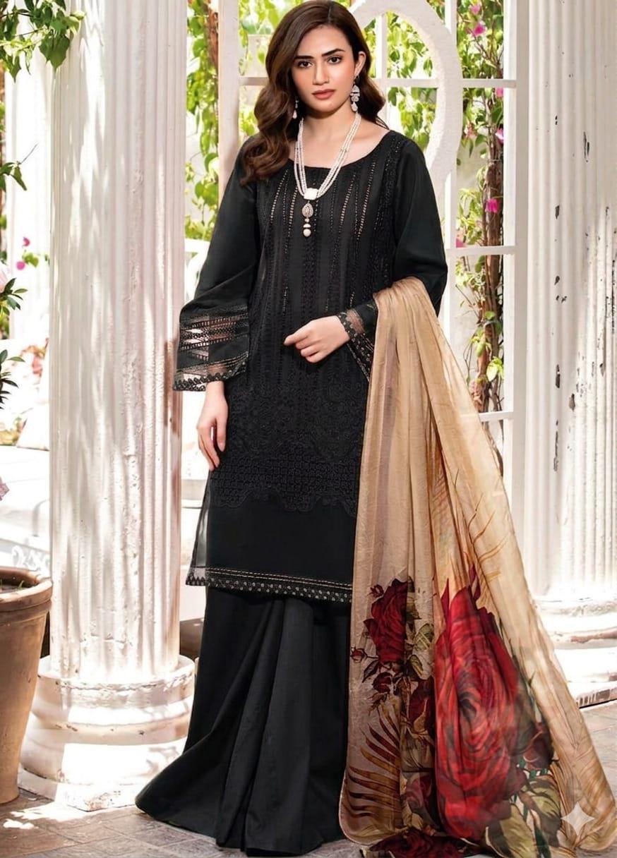 Premium Embroidered Cotton Suit with Digital Silk Dupatta - Image 2