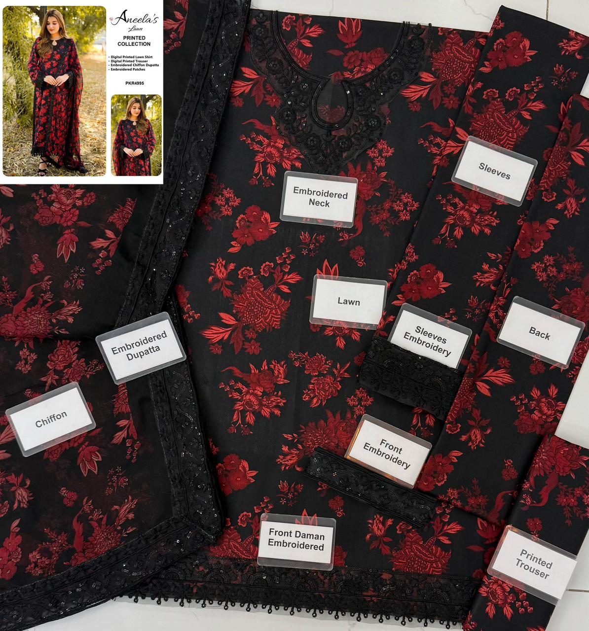 Jawwad Bora Premium Embroidered Lawn Suit with Chiffon Dupatta - Image 2