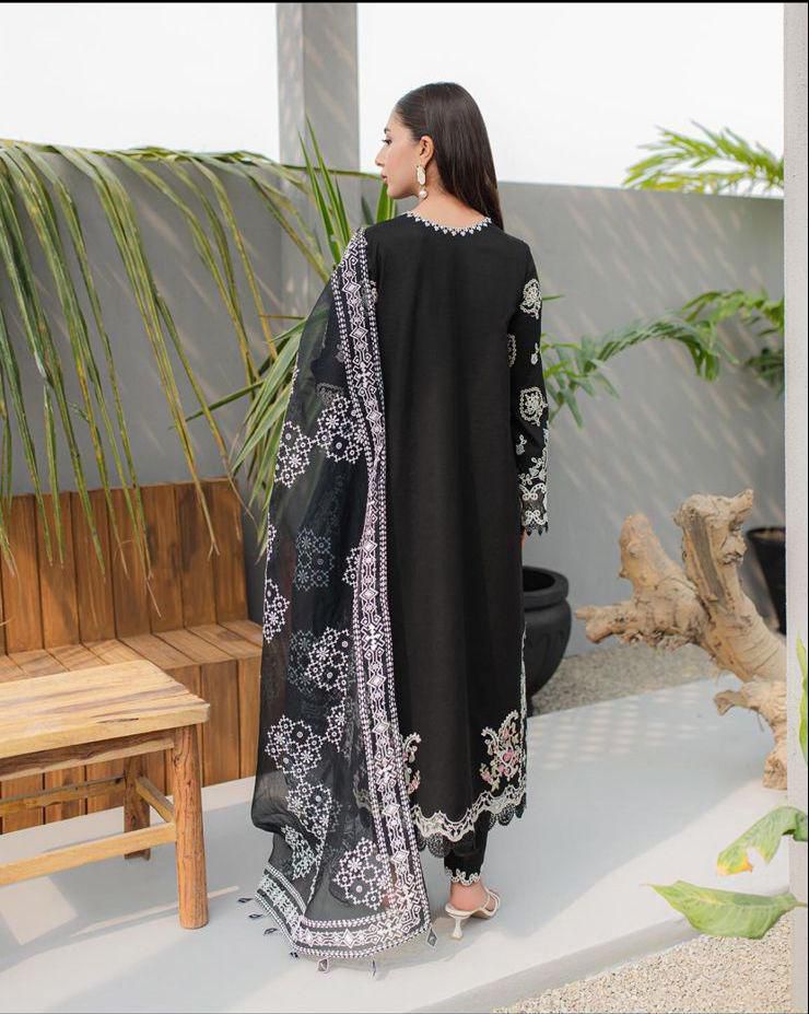 HR DESIGNER Premium Embroidered Cotton Suit with Digital Print Organza Dupatta - Image 3
