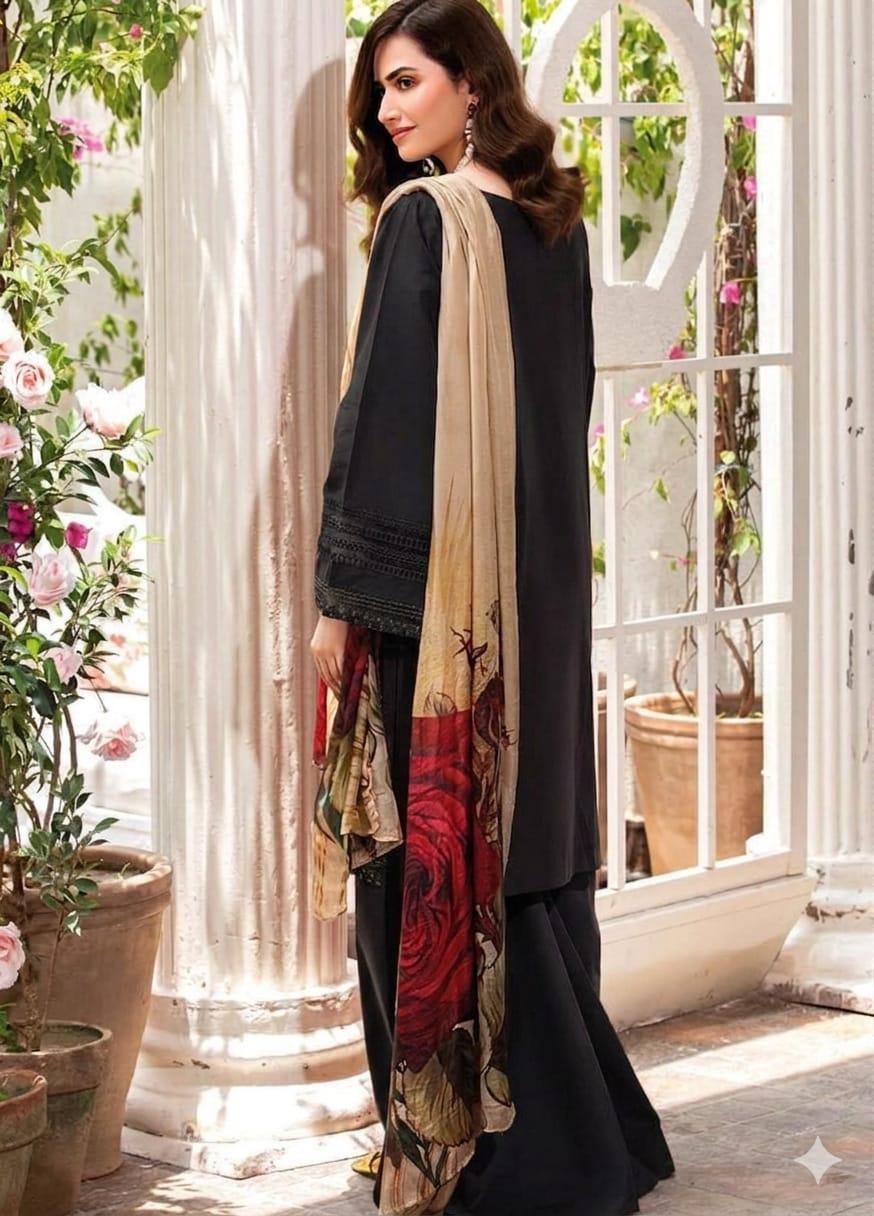 Premium Embroidered Cotton Suit with Digital Silk Dupatta - Image 4