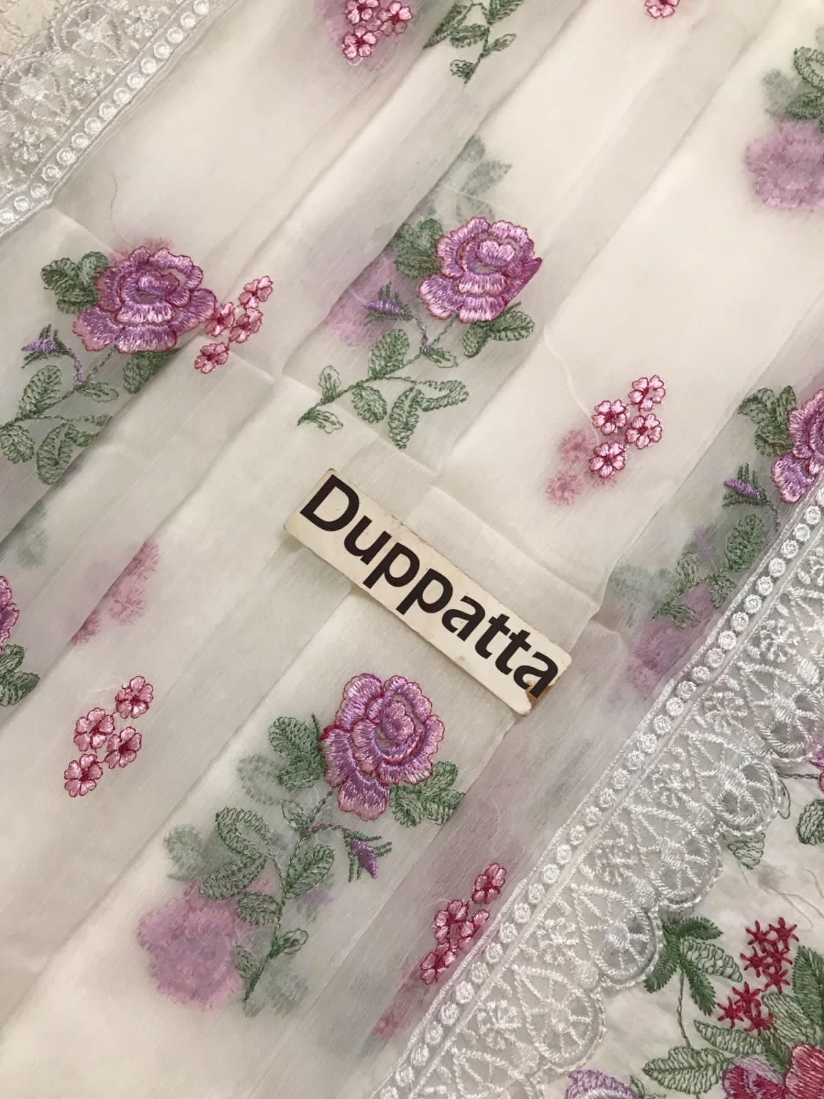 AHMOZI Premium Embroidered Floral Cotton Suit with Organza Dupatta - Image 4