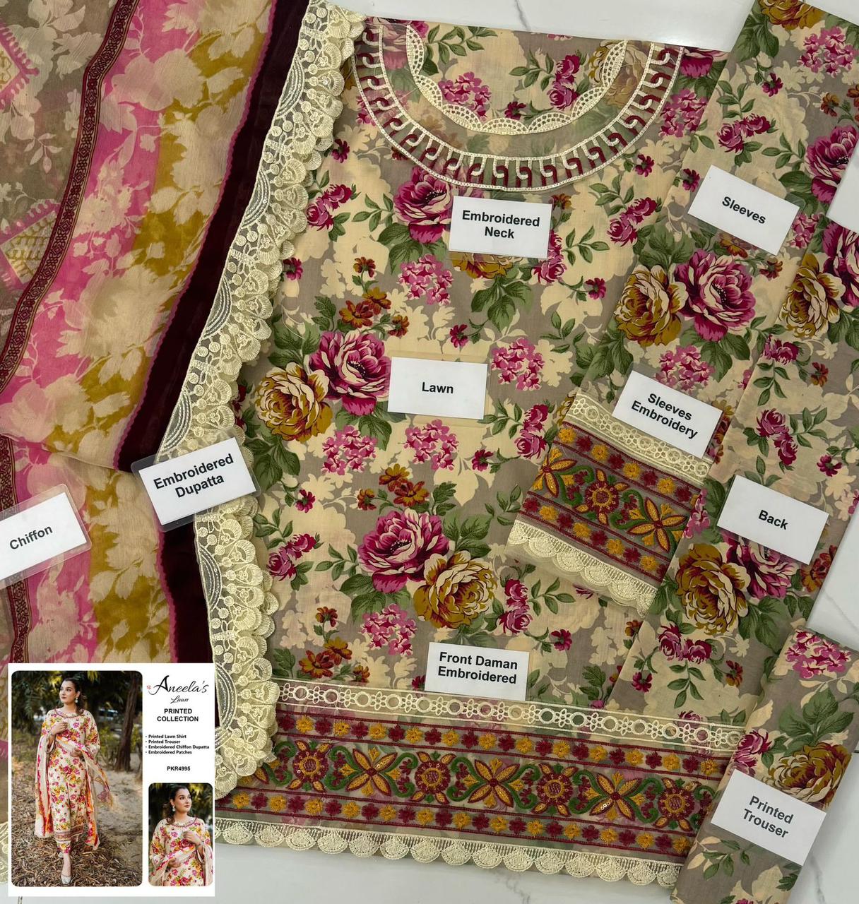 Jawwad Bora Premium Embroidered Lawn Suit with Chiffon Dupatta - Image 3