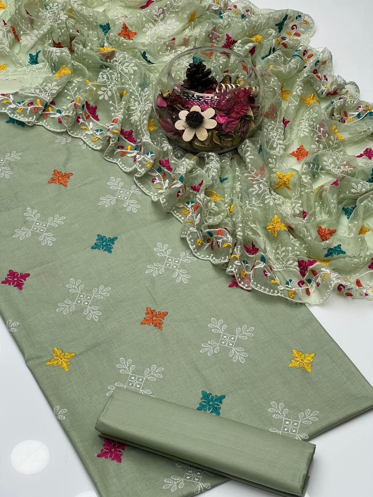 Premium Embroidered Cotton Suit with Multi-Colored Patchwork Organza Dupatta - Image 9