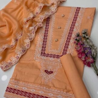 Premium Embroidered Cotton Suit with Embellished Organza Dupatta