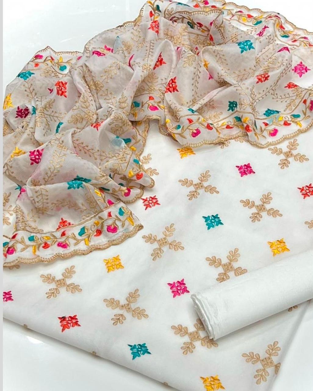 Premium Embroidered Cotton Suit with Multi-Colored Patchwork Organza Dupatta - Image 11