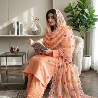 Premium Embroidered Cotton Suit with Multi-Colored Patchwork Organza Dupatta