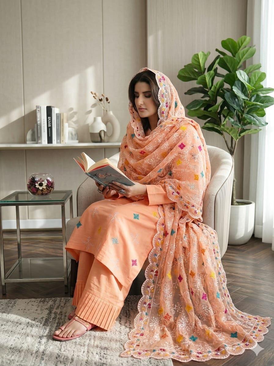 Premium Embroidered Cotton Suit with Multi-Colored Patchwork Organza Dupatta