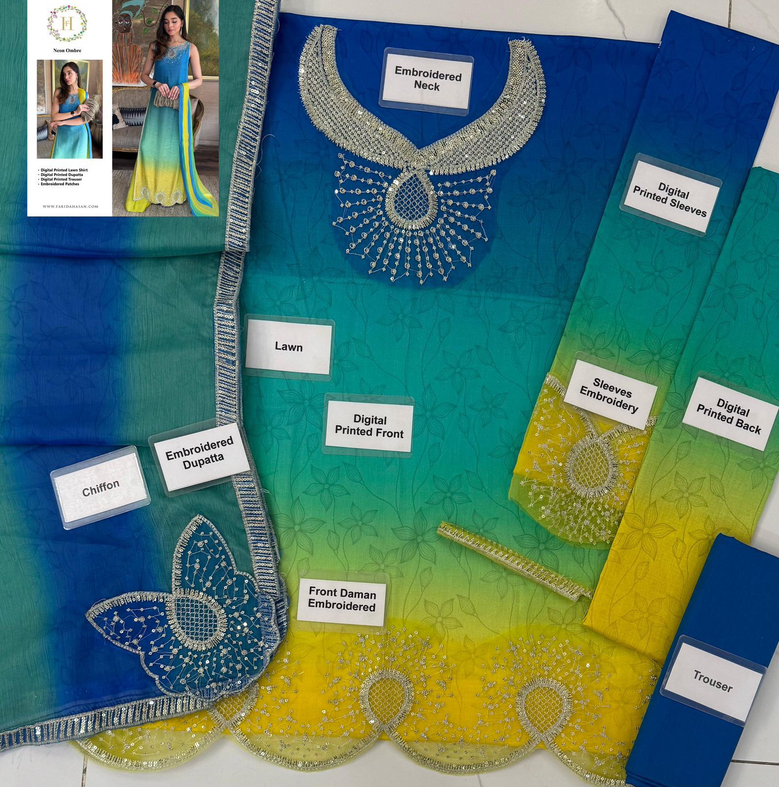 Luxury Blue Embroidered Cotton Chikankari Suit - Image 3