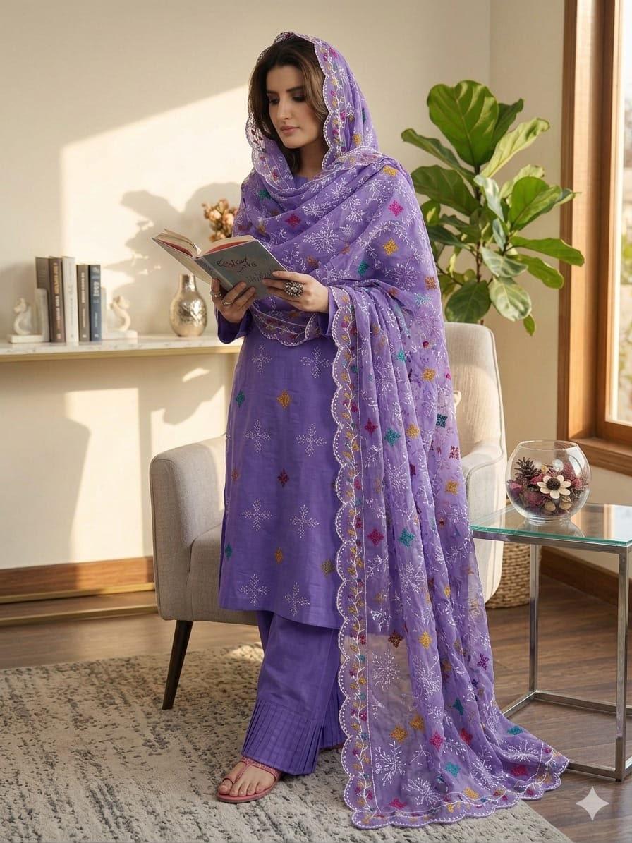 Premium Embroidered Cotton Suit with Multi-Colored Patchwork Organza Dupatta - Image 2