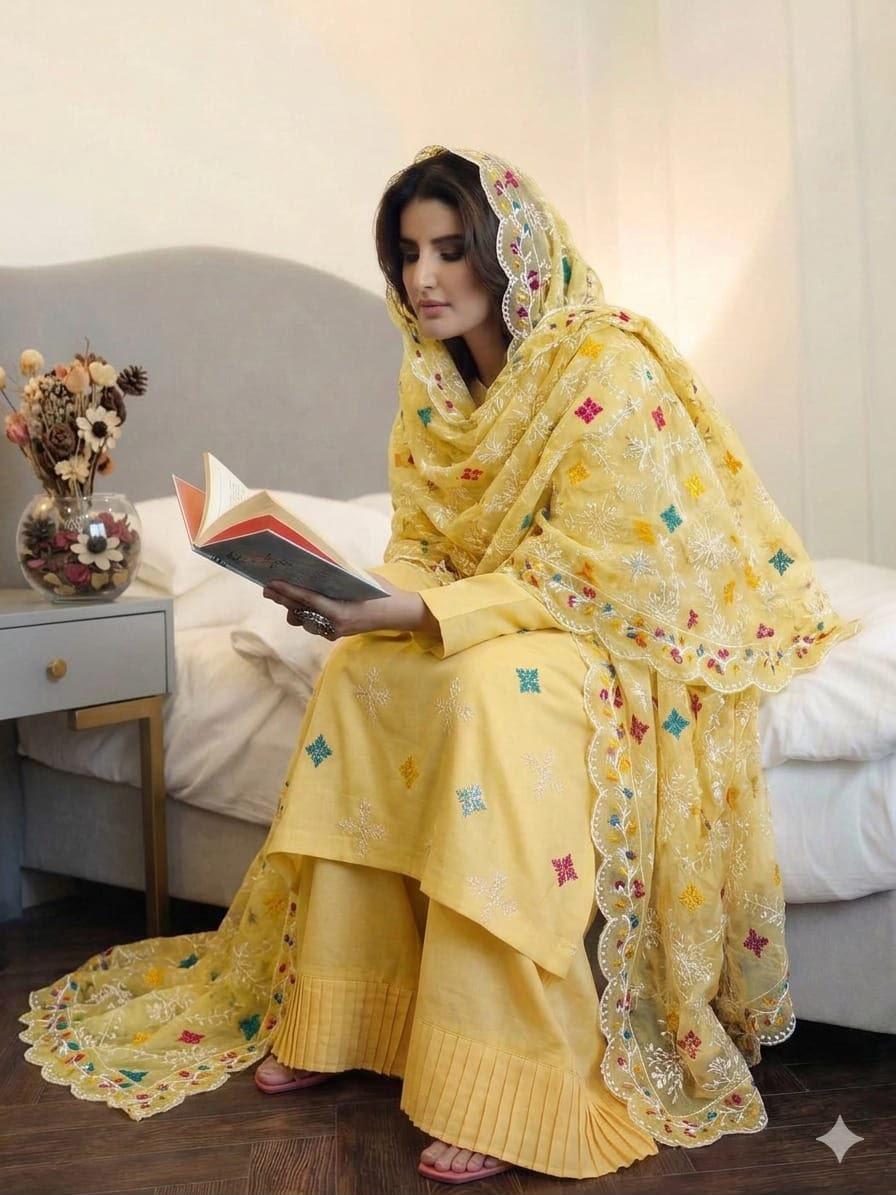 Premium Embroidered Cotton Suit with Multi-Colored Patchwork Organza Dupatta - Image 3