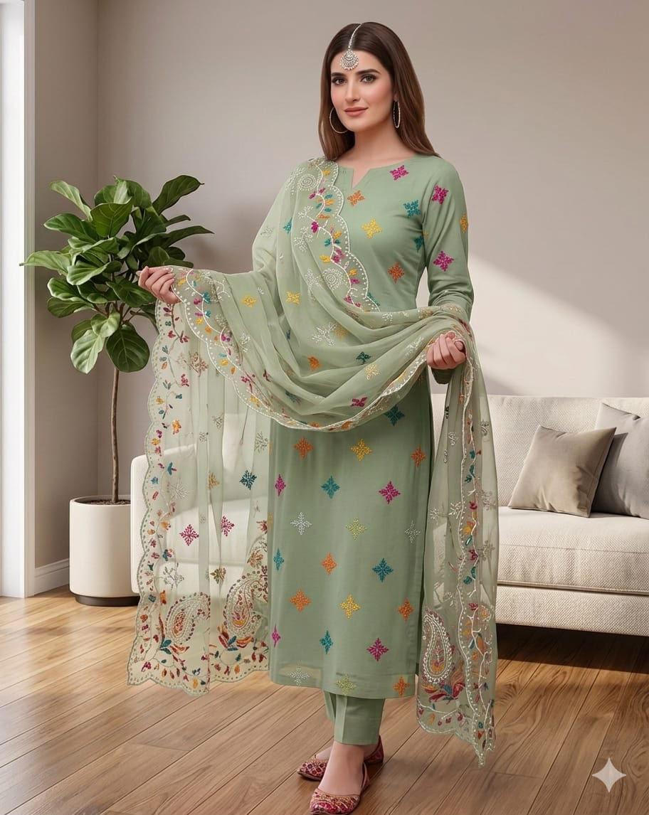 Premium Embroidered Cotton Suit with Multi-Colored Patchwork Organza Dupatta - Image 4