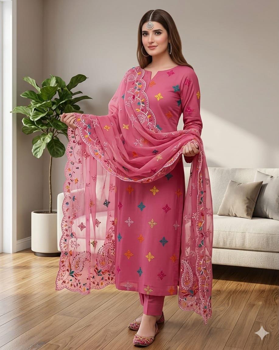 Premium Embroidered Cotton Suit with Multi-Colored Patchwork Organza Dupatta - Image 5