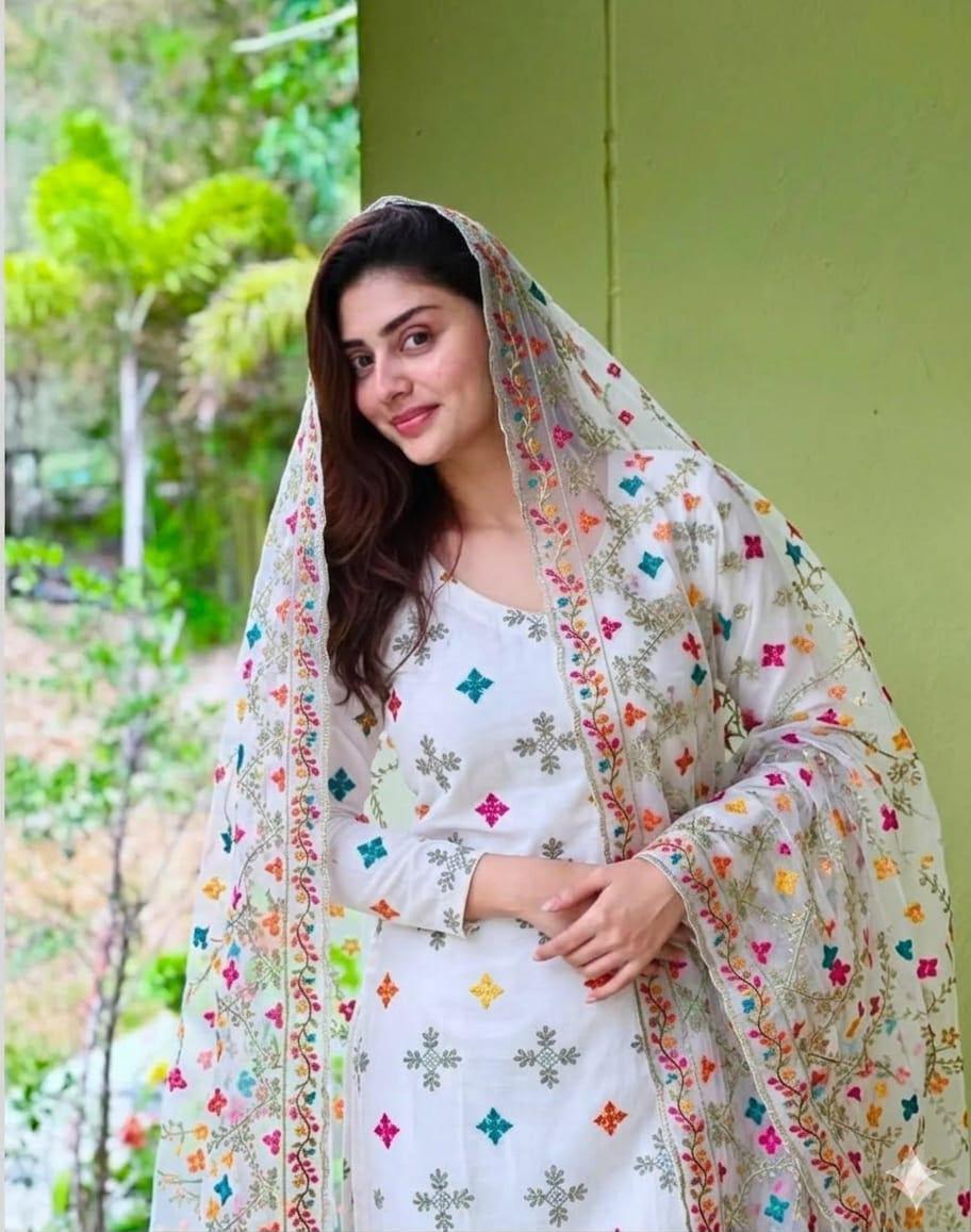 Premium Embroidered Cotton Suit with Multi-Colored Patchwork Organza Dupatta - Image 6