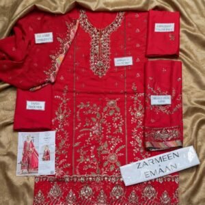 007f6dbe97c0a8ca0e5976f28440dd16 Zarmeen Emaan Luxury Embroidered Collection Shirt Front Back Sleeves Neckline Daman Patch Premium Viscose Trouser Pure Bamber Dupatta