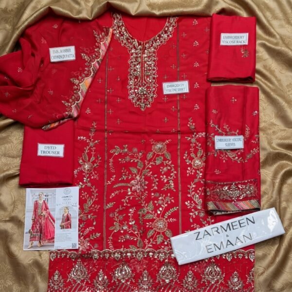 Zarmeen Emaan Luxury Embroidered Collection Shirt Front Back Sleeves Neckline Daman Patch Premium Viscose Trouser Pure Bamber Dupatta