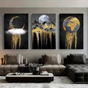 021efbb40fe151bbfff0f4a019d934d5 Set of 3 Wooden StickyTile Frames 8x11 – Black & Gold Wall Art with Moon, Mountains & Globe + Double Tape Included