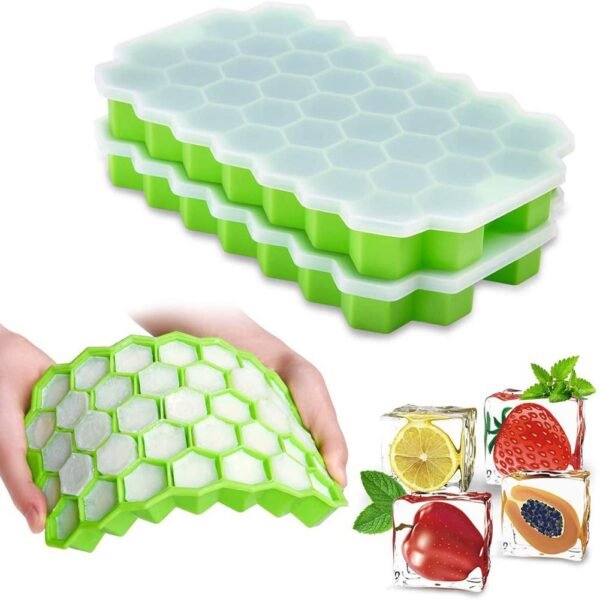 0556f91adeaf095e18edb94662d74691 Silicon Ice Cube Tray With Lid | 36-Cube Honeycomb Shape Ice Mold | Durable Freezer Tray With Cover | Random Color