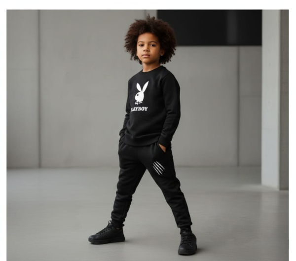 066843161fa2826ca3b54f67d9ddc070 Kids PLAYBOY Printed Stylish Black & Black Tracksuit Set | Winter Fleece Sweatshirt & Trouser Outfit for Boys & Girls – Warm & Trendy FOR BABY AND KIDS