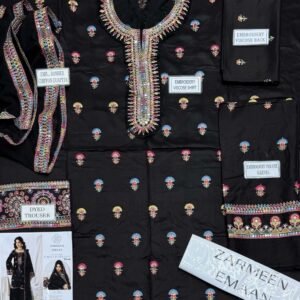 07867b51c5e126fd5485d00a6b7822d8 Zarmeen Emaan Artical-950 Fancy Embroidered Shirt Front Back Sleeves Laces Daman Patch Neckline With Premium Viscose Trouser And Pure Bamber Chiffon Dupatta