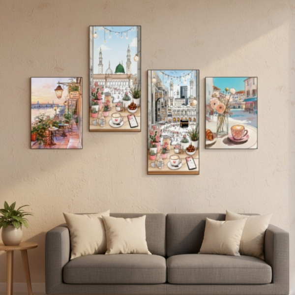 07df1a55bd8e0903d668eccd04d5f7b2 Set of 4 Modern Islamic Wall Art Prints | Wooden Sticky Tiles | 8x16" & 8x11" | Easy Wall Décor | Double Tape Included