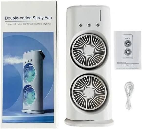 0b2986fa6ece165f0474fd0dc26514a3 Double-Ended Spray Water Mist Fan – Dual Fan Cooling with 90° Rotation, RGB Lights, and Strong Brushless Motor – USB Powered Desktop Air Cooler | 16 Inches