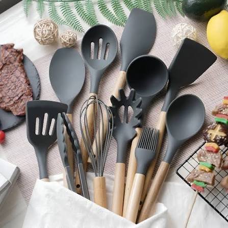 0b4e6e1598b8966da635d58d5335774d 12 Pcs Kitchen Utensils Set | BPA Silicon & Wooden Kitchen Spoon Set | Heat Resistant Kitchen Non toxic Spatula Set with Turner Tongs,Spoon,Brush,Whisk-Wooden Handle - Random Color